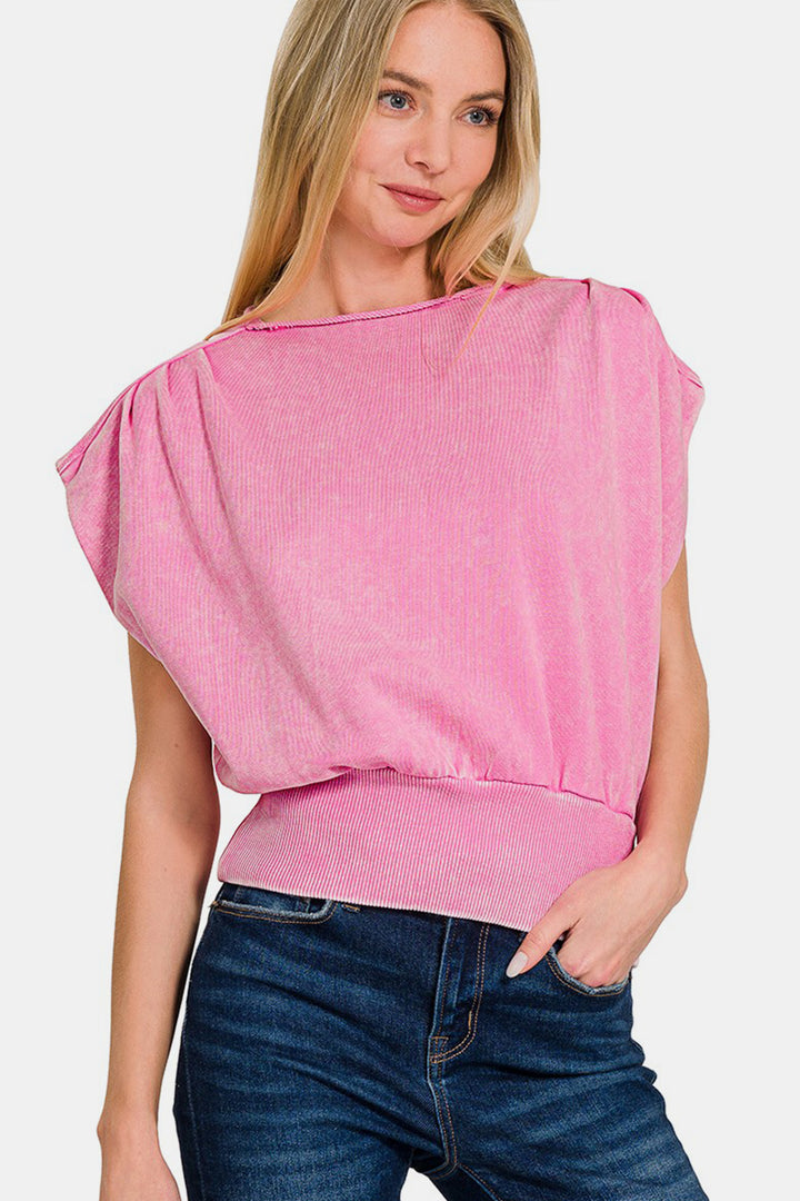 Zenana Washed Boat Neck Bottom Banded Dolman Sleeve Top-Trendsi-Candy Pink-S-[option4]-[option5]-[option6]-[option7]-[option8]-Shop-Boutique-Clothing-for-Women-Online