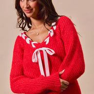 SO ME Satin Tape Braided Ribbon Tie V Neck Sweater-Sweaters-Trendsi-RED-S-[option4]-[option5]-[option6]-[option7]-[option8]-Shop-Boutique-Clothing-for-Women-Online