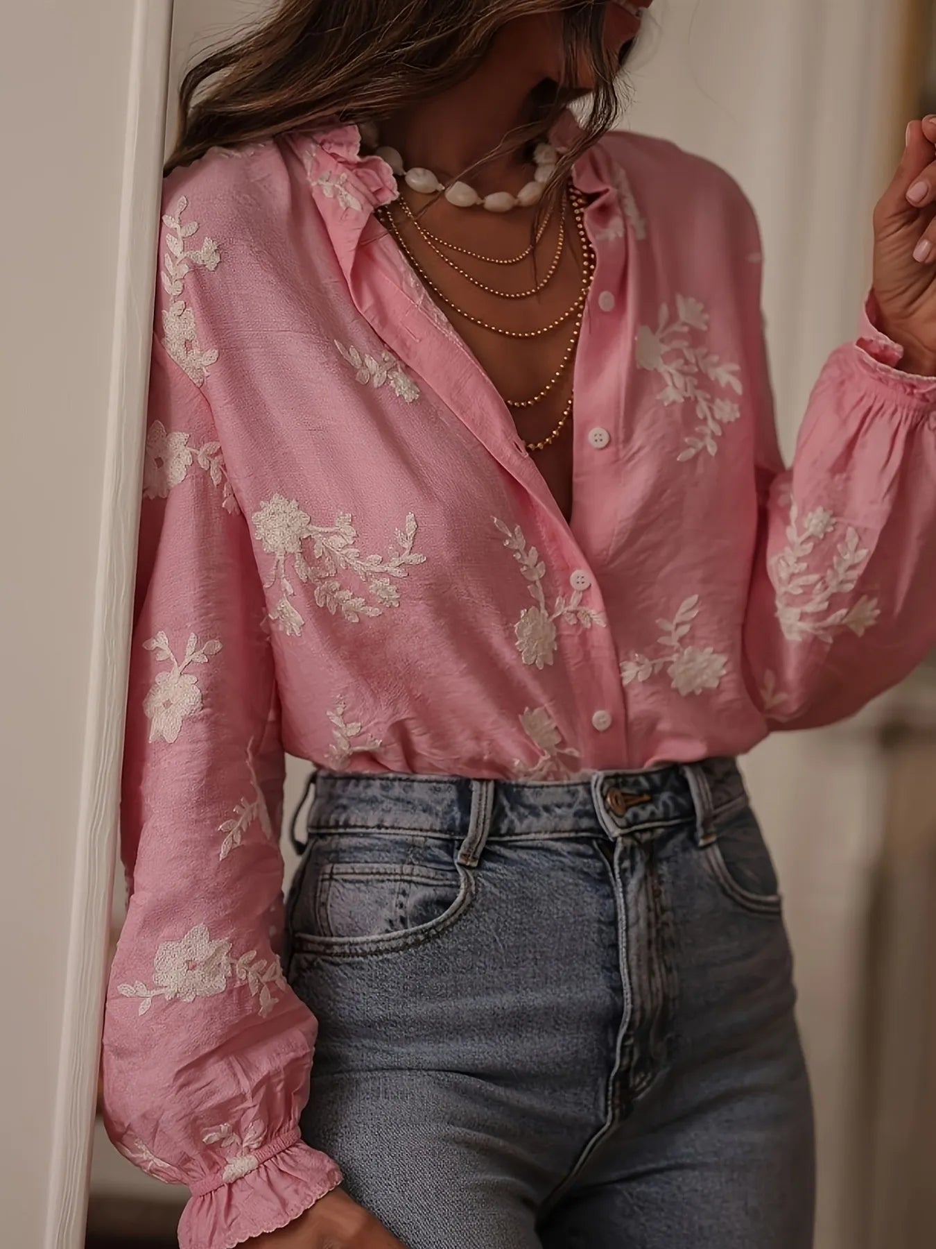 Flower Button Up Long Sleeve Shirt-Tops-Trendsi-[option4]-[option5]-[option6]-[option7]-[option8]-Shop-Boutique-Clothing-for-Women-Online