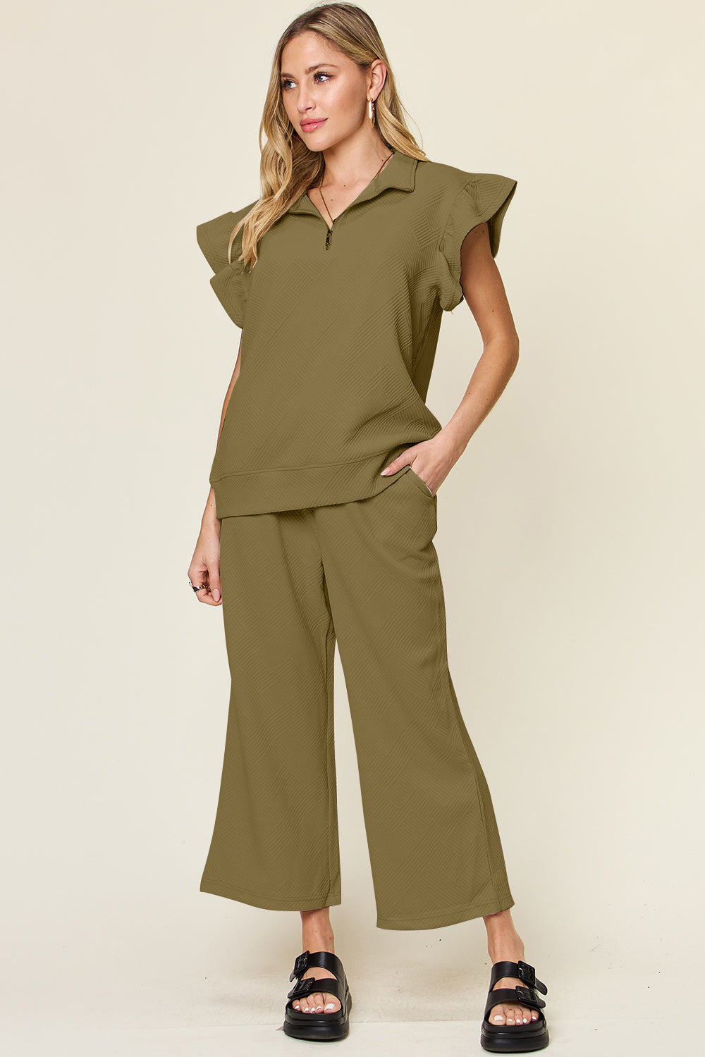 Double Take Texture Ruffle Short Sleeve Top and Drawstring Wide Leg Pants Set-Trendsi-Olive-S-[option4]-[option5]-[option6]-[option7]-[option8]-Shop-Boutique-Clothing-for-Women-Online