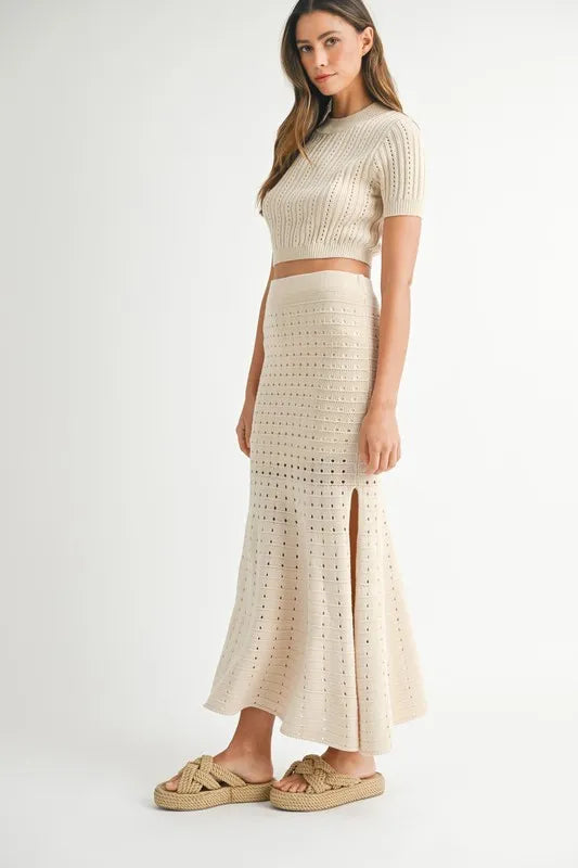 MABLE Pointelle Short Sleeve Crop Top and Slit Skirt Sweater Set-Sets-Trendsi-[option4]-[option5]-[option6]-[option7]-[option8]-Shop-Boutique-Clothing-for-Women-Online