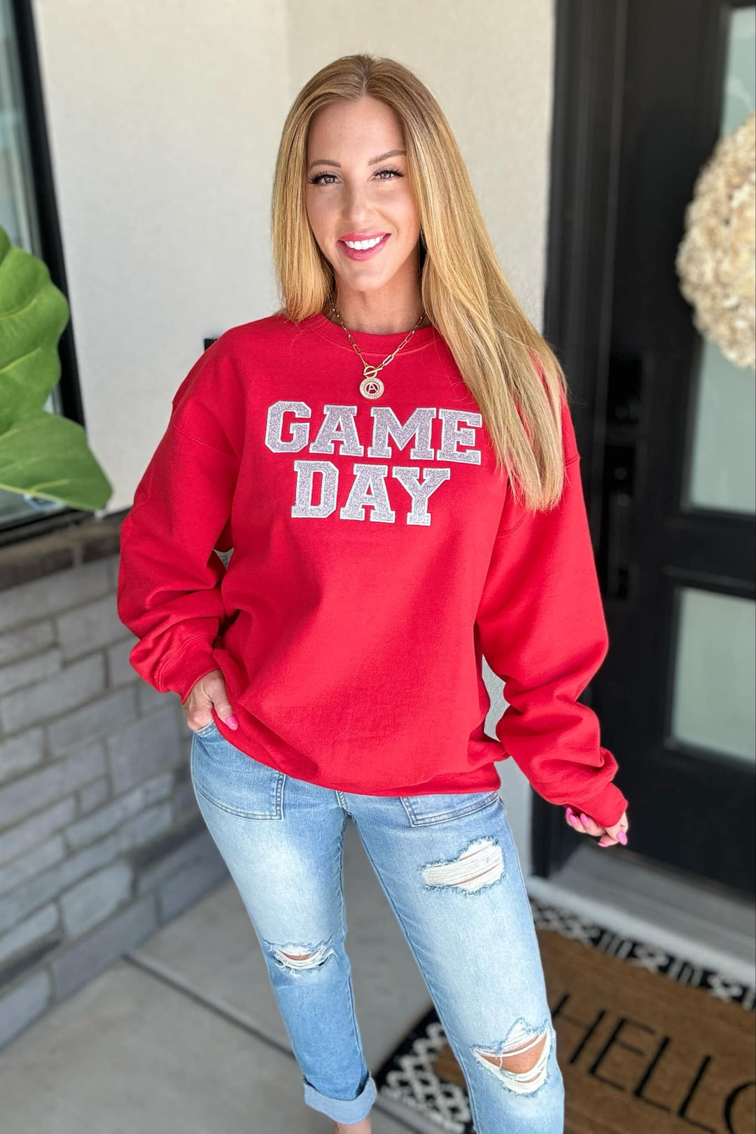 PREORDER: Embroidered Glitter Game Day Sweatshirt in Red/Silver-Womens-Ave Shops-[option4]-[option5]-[option6]-[option7]-[option8]-Shop-Boutique-Clothing-for-Women-Online