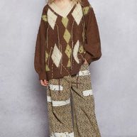 POL V-Neck Argyle Pattern Mohair Sweater with Contrast Exposed Stitch Detail-sweater-Trendsi-[option4]-[option5]-[option6]-[option7]-[option8]-Shop-Boutique-Clothing-for-Women-Online