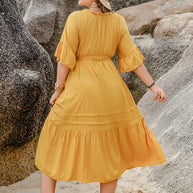 Plus Size Notched Tie Waist Half Sleeve Midi Dress-Dresses-Trendsi-[option4]-[option5]-[option6]-[option7]-[option8]-Shop-Boutique-Clothing-for-Women-Online