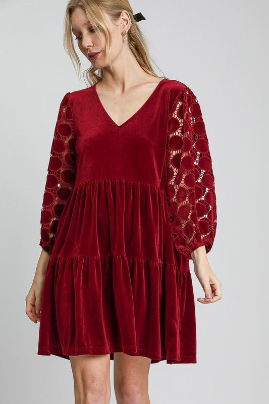 Umgee Dotted Lace Sleeve Tiered Velvet Mini Dress-Trendsi-Burgundy-S-[option4]-[option5]-[option6]-[option7]-[option8]-Shop-Boutique-Clothing-for-Women-Online