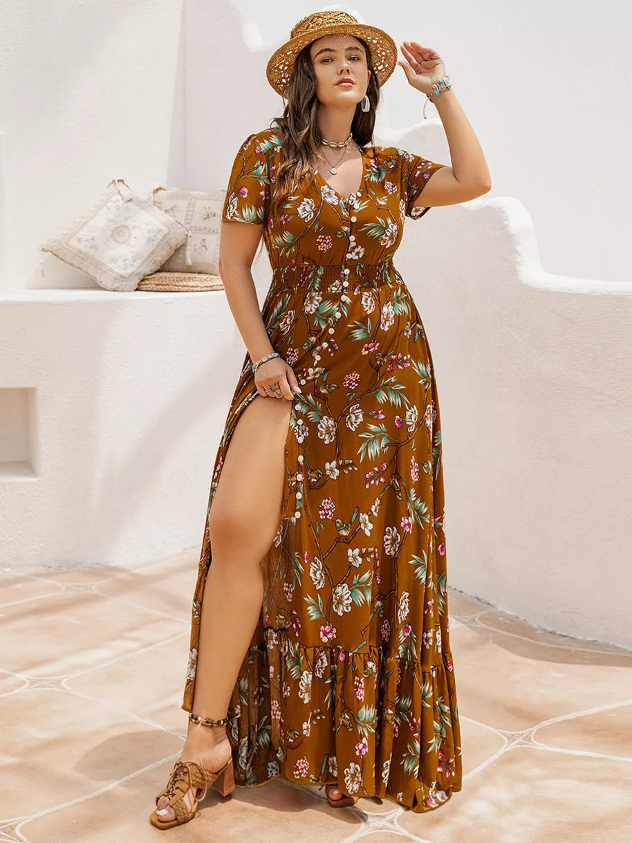 Plus Size Floral V-Neck Short Sleeve Dress-Dresses-Trendsi-[option4]-[option5]-[option6]-[option7]-[option8]-Shop-Boutique-Clothing-for-Women-Online