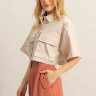 HYFVE Front Pockets Poplin Collared Neck Crop Shirt-Crop Tops-Trendsi-[option4]-[option5]-[option6]-[option7]-[option8]-Shop-Boutique-Clothing-for-Women-Online