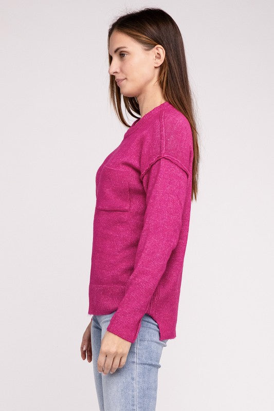 Zenana MELANGE HI-LOW HEM ROUND NECK SWEATER-ZENANA-[option4]-[option5]-[option6]-[option7]-[option8]-Shop-Boutique-Clothing-for-Women-Online