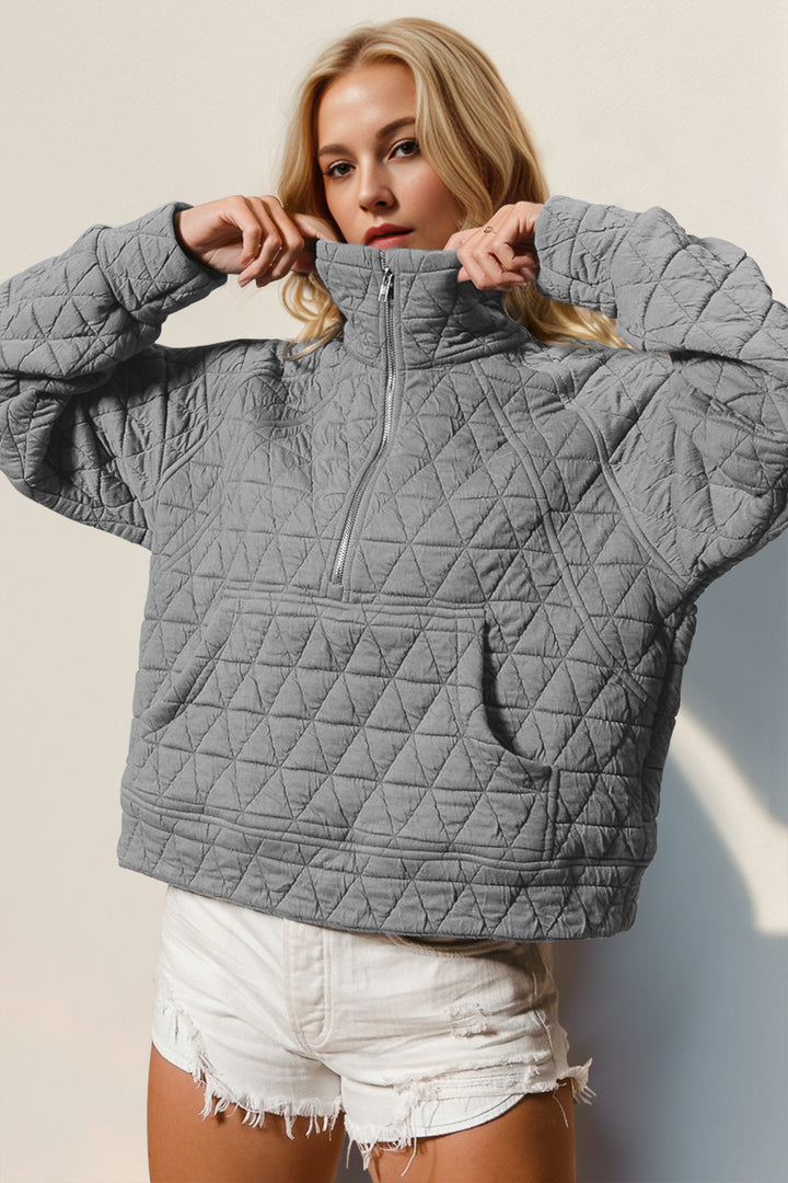 Double Take Half Zip Long Sleeve Quilted Sweatshirt with Pocket-Trendsi-Gray-S-[option4]-[option5]-[option6]-[option7]-[option8]-Shop-Boutique-Clothing-for-Women-Online