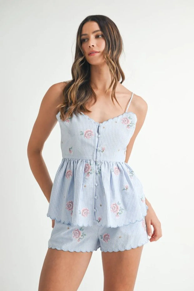 MABLE Stripe Embroidered Peplum Cami and Shorts Set-sets-Trendsi-[option4]-[option5]-[option6]-[option7]-[option8]-Shop-Boutique-Clothing-for-Women-Online