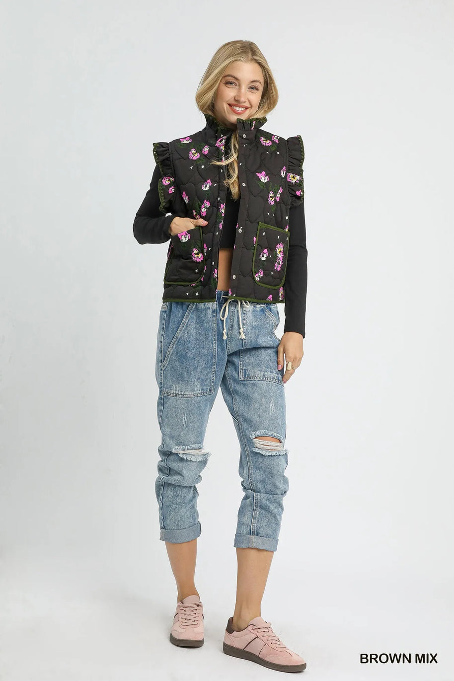 Umgee Ruffled Quilted Floral Snap Down Vest-Vest-Trendsi-[option4]-[option5]-[option6]-[option7]-[option8]-Shop-Boutique-Clothing-for-Women-Online
