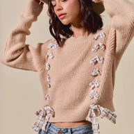 SO ME Checkered Plaid Tape Lace Up Ribbed Sweater-Sweaters-Trendsi-[option4]-[option5]-[option6]-[option7]-[option8]-Shop-Boutique-Clothing-for-Women-Online