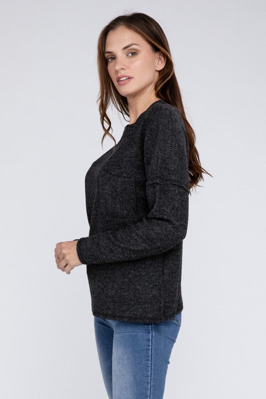 Zenana Ribbed Brushed Melange Hacci Sweater with a Pocket-ZENANA-[option4]-[option5]-[option6]-[option7]-[option8]-Shop-Boutique-Clothing-for-Women-Online