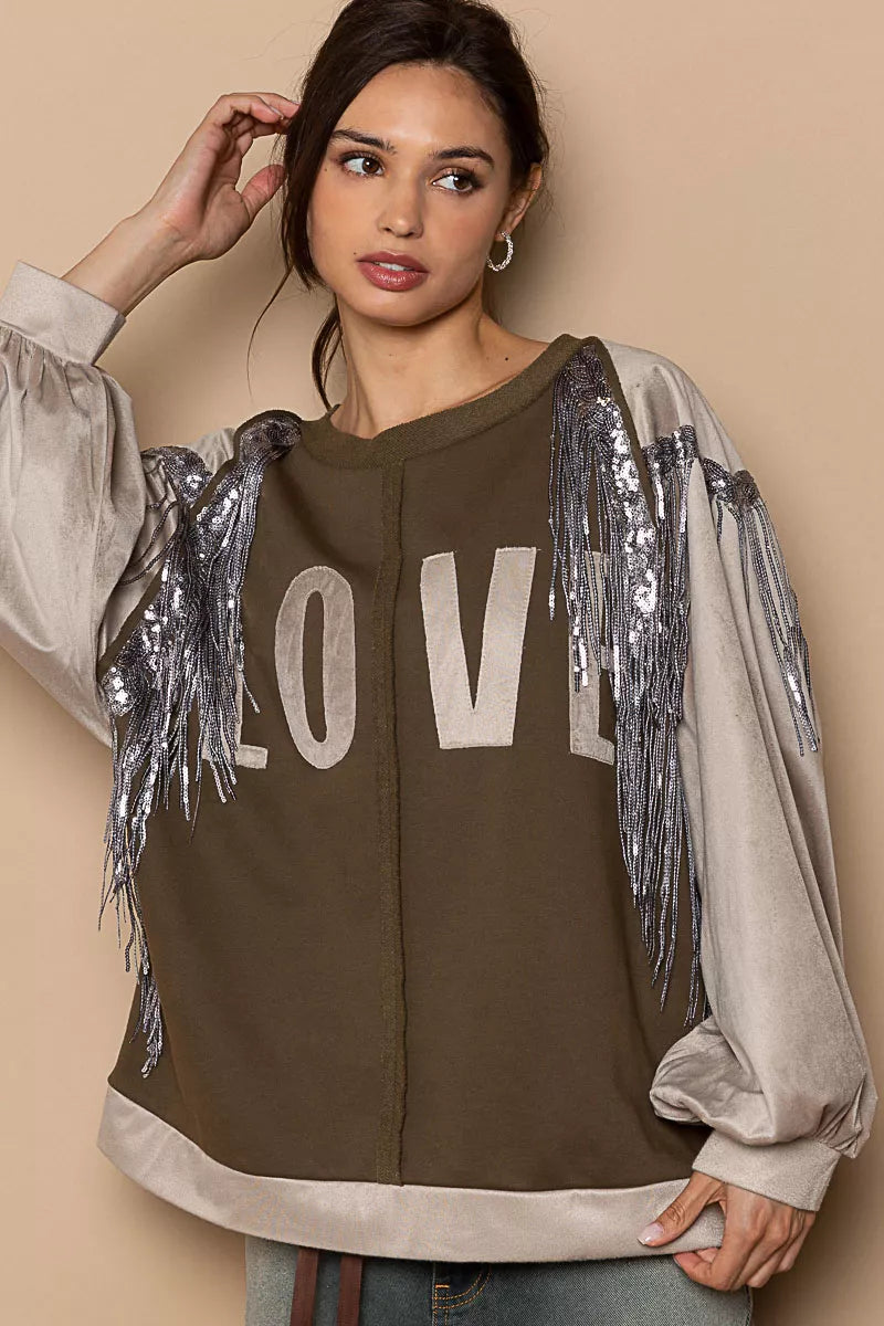 POL Balloon Sleeve French Terry Sweatshirt with Sequin Tassel-Sweatshirts-Trendsi-[option4]-[option5]-[option6]-[option7]-[option8]-Shop-Boutique-Clothing-for-Women-Online