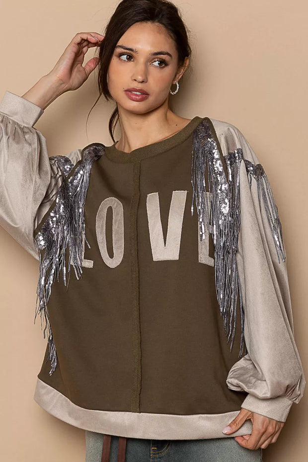 POL Balloon Sleeve French Terry Sweatshirt with Sequin Tassel-Sweatshirts-Trendsi-[option4]-[option5]-[option6]-[option7]-[option8]-Shop-Boutique-Clothing-for-Women-Online