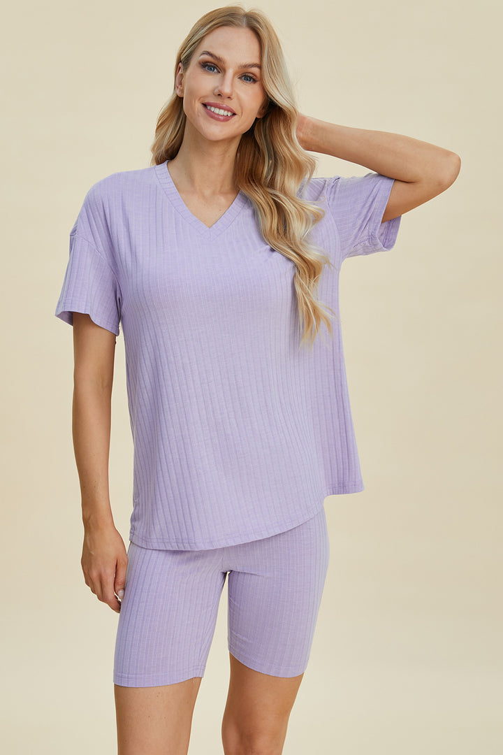 Basic Bae Ribbed V-Neck Short Sleeve Top and Shorts Set-Trendsi-[option4]-[option5]-[option6]-[option7]-[option8]-Shop-Boutique-Clothing-for-Women-Online