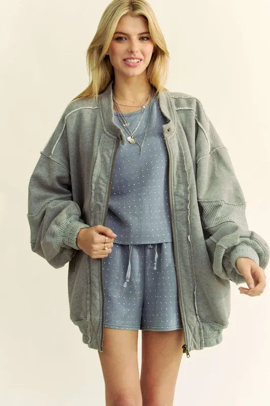 Davi & Dani Exposed Seam Zip Up Dropped Shoulder Jacket-Jacket-Trendsi-[option4]-[option5]-[option6]-[option7]-[option8]-Shop-Boutique-Clothing-for-Women-Online