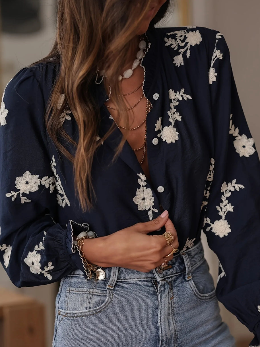 Flower Button Up Long Sleeve Shirt-Tops-Trendsi-[option4]-[option5]-[option6]-[option7]-[option8]-Shop-Boutique-Clothing-for-Women-Online