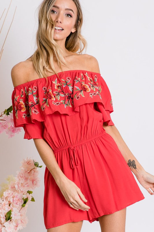 FLORAL EMBROIDERED OFF SHOULDER ROMPER-Davi & Dani-Coral Red-S-[option4]-[option5]-[option6]-[option7]-[option8]-Shop-Boutique-Clothing-for-Women-Online