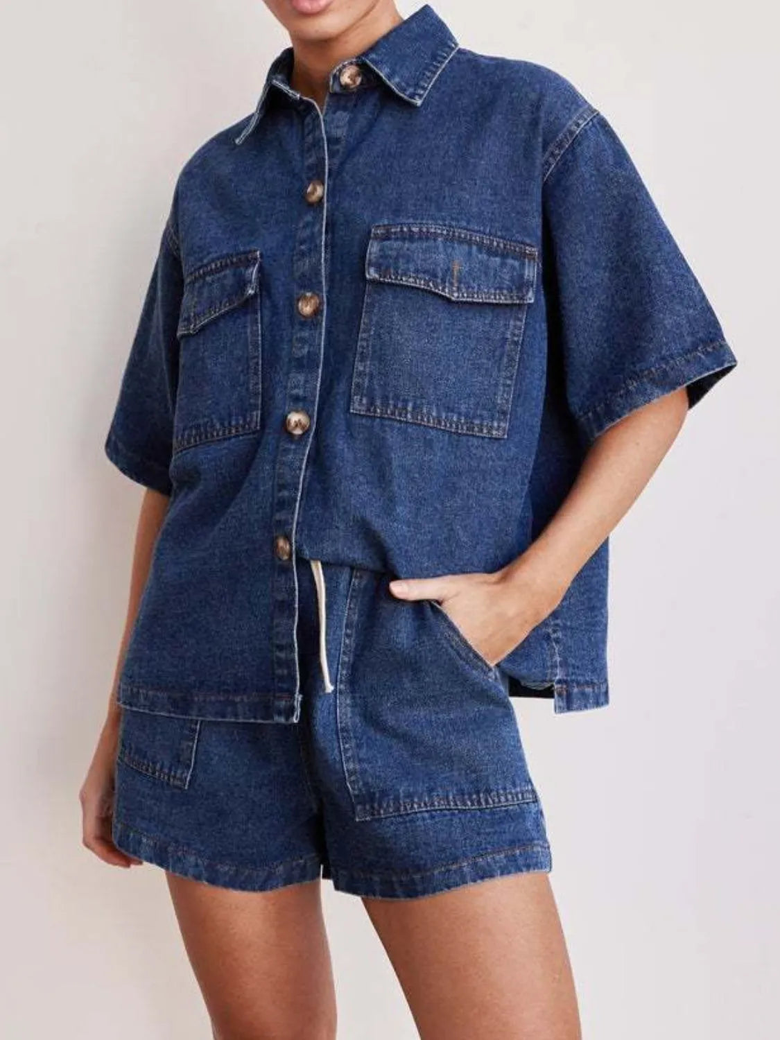 Button Up Short Sleeve Top and Shorts Denim Set-Sets-Trendsi-[option4]-[option5]-[option6]-[option7]-[option8]-Shop-Boutique-Clothing-for-Women-Online