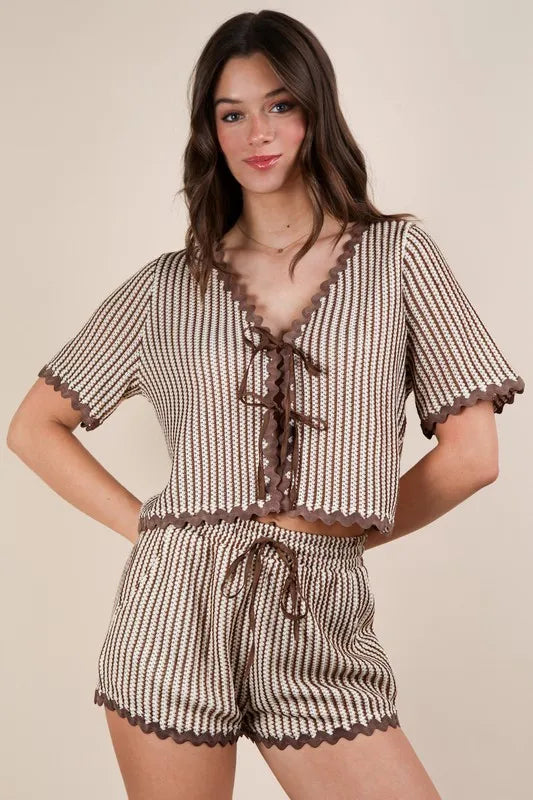 VERY J Wave Trim Detail Knit Top & Shorts Set-Sets-Trendsi-[option4]-[option5]-[option6]-[option7]-[option8]-Shop-Boutique-Clothing-for-Women-Online