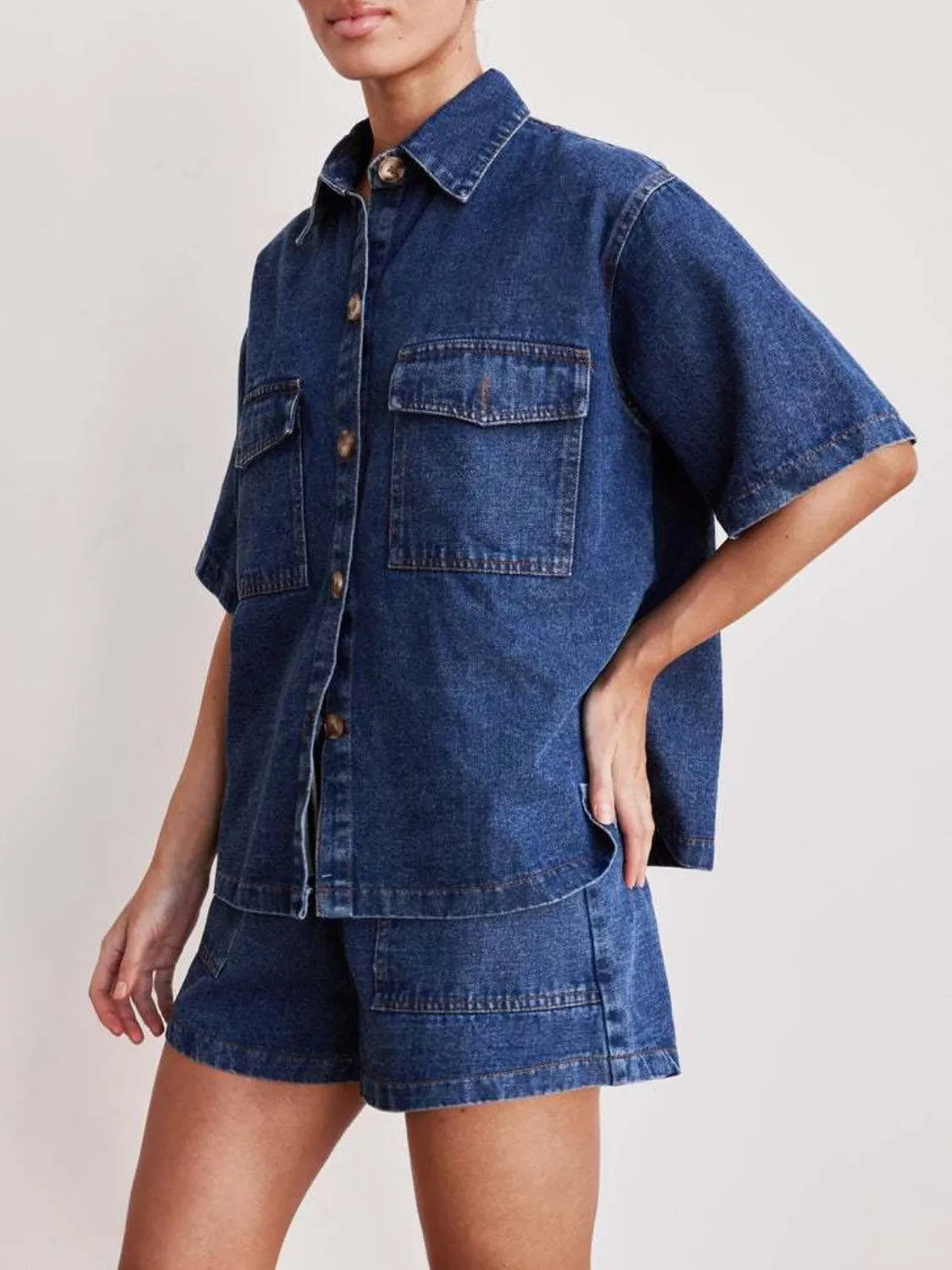 Button Up Short Sleeve Top and Shorts Denim Set-Sets-Trendsi-[option4]-[option5]-[option6]-[option7]-[option8]-Shop-Boutique-Clothing-for-Women-Online