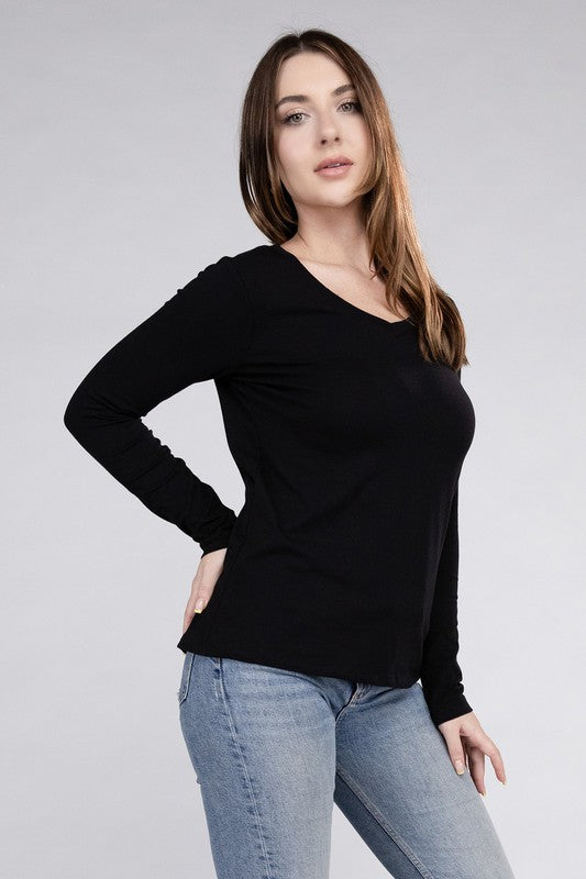 Zenana Cotton V-Neck Long Sleeve T-Shirt-ZENANA-[option4]-[option5]-[option6]-[option7]-[option8]-Shop-Boutique-Clothing-for-Women-Online