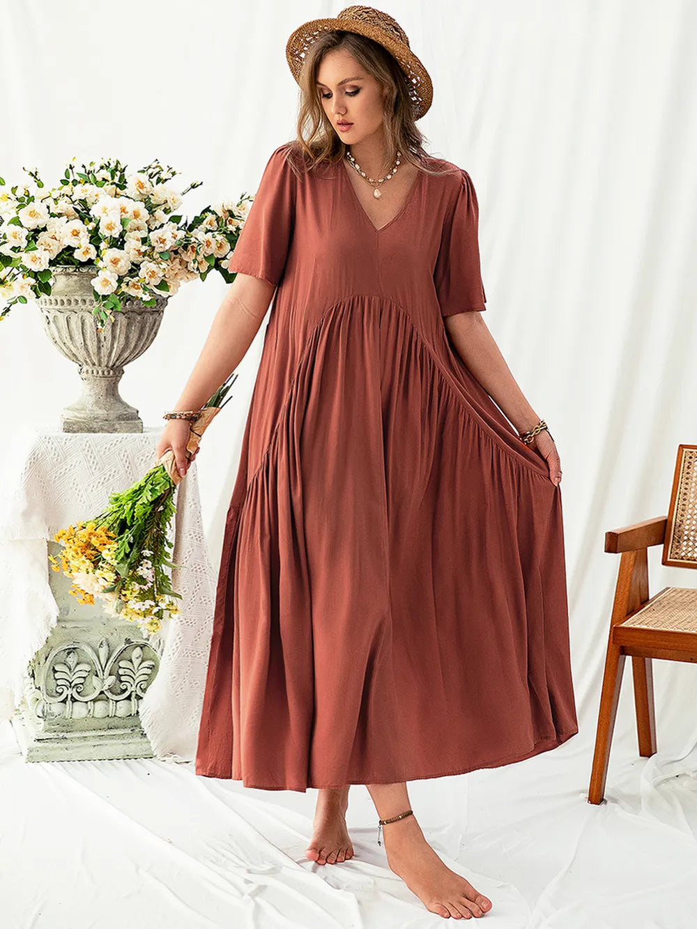 Plus Size V-Neck Flutter Sleeve Dress-Dresses-Trendsi-[option4]-[option5]-[option6]-[option7]-[option8]-Shop-Boutique-Clothing-for-Women-Online