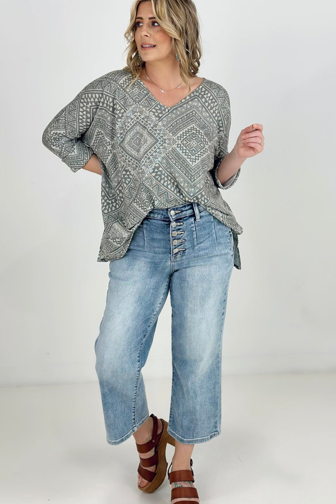 BiBi Aztec Print French Terry V Neck Top-Blouses-Kiwidrop-[option4]-[option5]-[option6]-[option7]-[option8]-Shop-Boutique-Clothing-for-Women-Online