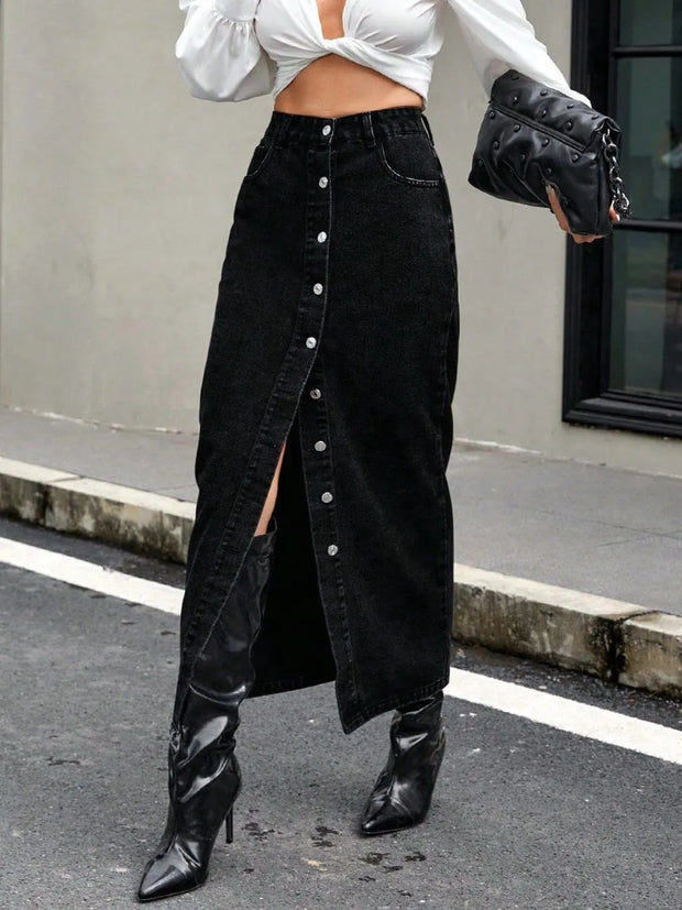 Button Front Denim Skirt-Skirts-Trendsi-[option4]-[option5]-[option6]-[option7]-[option8]-Shop-Boutique-Clothing-for-Women-Online