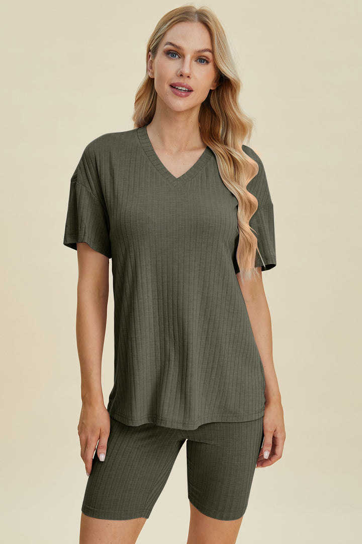 Basic Bae Ribbed V-Neck Short Sleeve Top and Shorts Set-Trendsi-Moss-M-[option4]-[option5]-[option6]-[option7]-[option8]-Shop-Boutique-Clothing-for-Women-Online