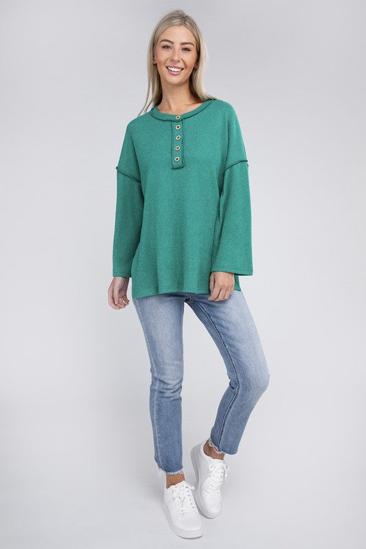 Zenana Ribbed Brushed Melange Hacci Henley Sweater-ZENANA-[option4]-[option5]-[option6]-[option7]-[option8]-Shop-Boutique-Clothing-for-Women-Online