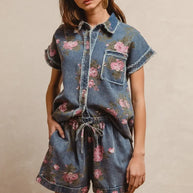 BiBi Floral Printed Denim Short Pants With Pocket-Shorts-Trendsi-[option4]-[option5]-[option6]-[option7]-[option8]-Shop-Boutique-Clothing-for-Women-Online