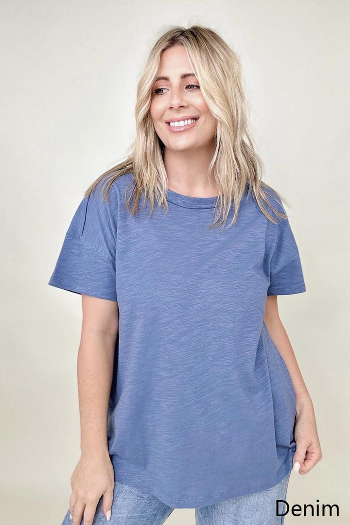 Cotton Bleu Washed Cotton Slub Tee Shirt-T-shirts-Kiwidrop-[option4]-[option5]-[option6]-[option7]-[option8]-Shop-Boutique-Clothing-for-Women-Online