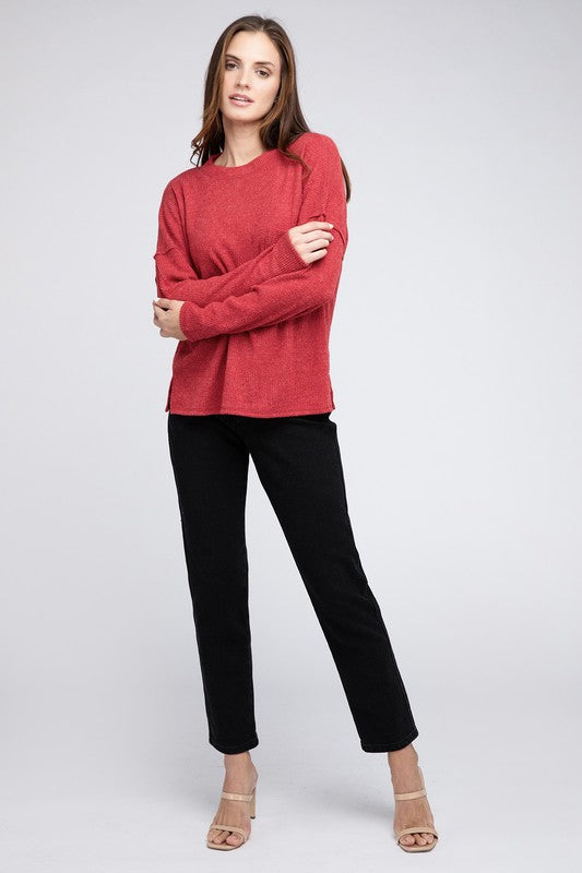 Zenana Ribbed Brushed Melange Hacci Sweater with a Pocket-ZENANA-[option4]-[option5]-[option6]-[option7]-[option8]-Shop-Boutique-Clothing-for-Women-Online