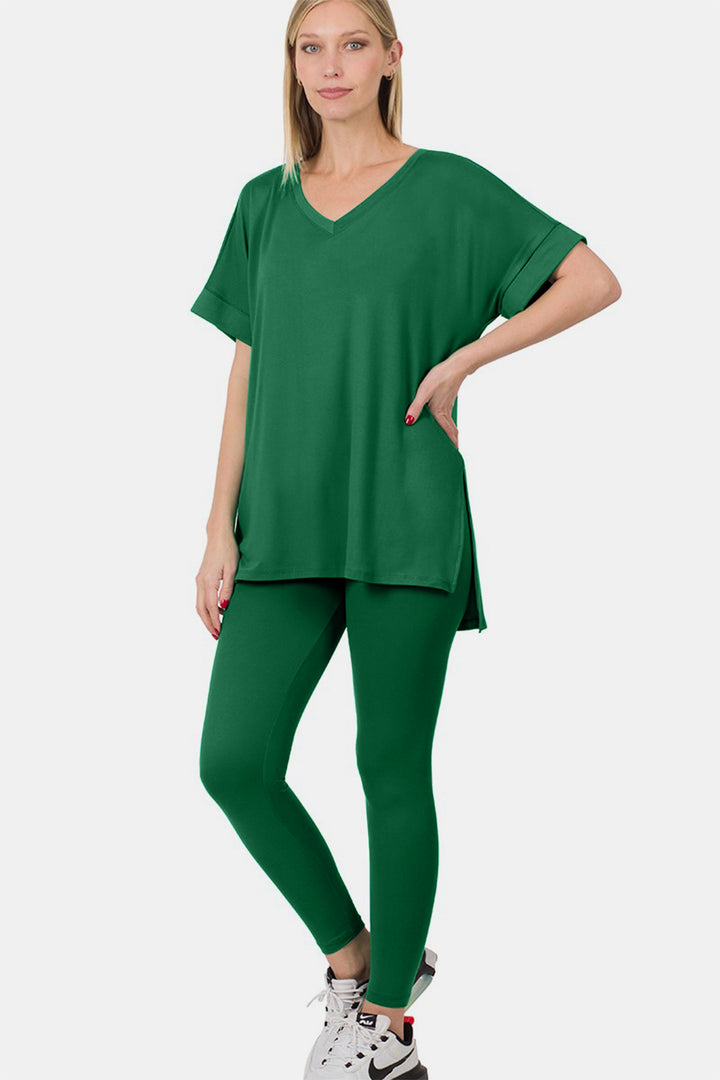 Zenana V-Neck Rolled Short Sleeve T-Shirt and Leggings Lounge Set-Trendsi-[option4]-[option5]-[option6]-[option7]-[option8]-Shop-Boutique-Clothing-for-Women-Online