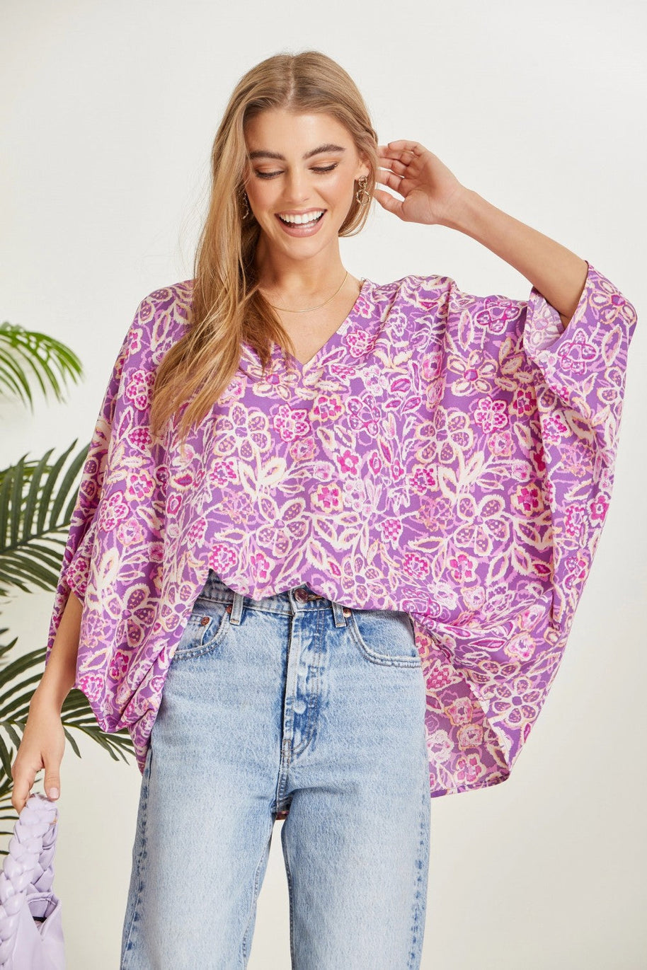 Printed Poncho Woven Top in Orchid-Tops-Ave Shops-[option4]-[option5]-[option6]-[option7]-[option8]-Shop-Boutique-Clothing-for-Women-Online