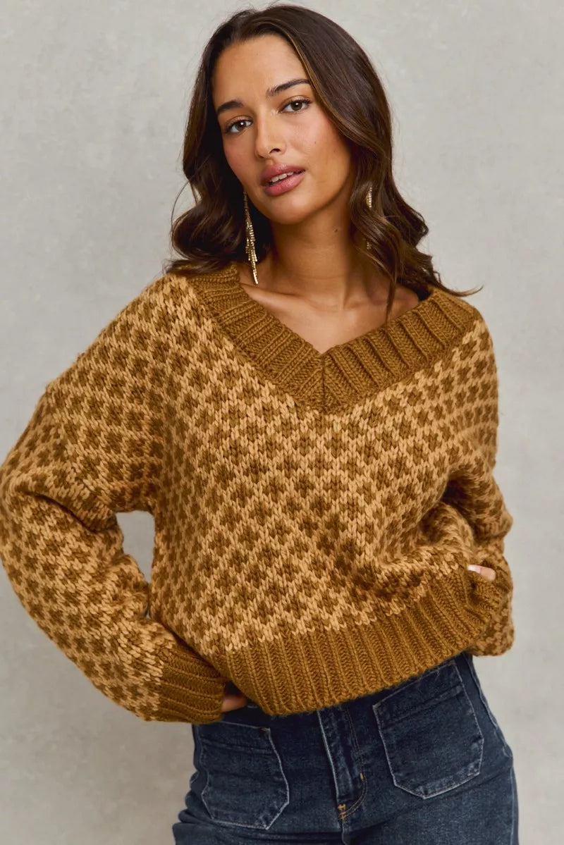 SO ME Color Block Textured Christmas Sweater V Neck Top-Sweaters-Trendsi-[option4]-[option5]-[option6]-[option7]-[option8]-Shop-Boutique-Clothing-for-Women-Online