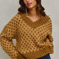 SO ME Color Block Textured Christmas Sweater V Neck Top-Sweaters-Trendsi-[option4]-[option5]-[option6]-[option7]-[option8]-Shop-Boutique-Clothing-for-Women-Online