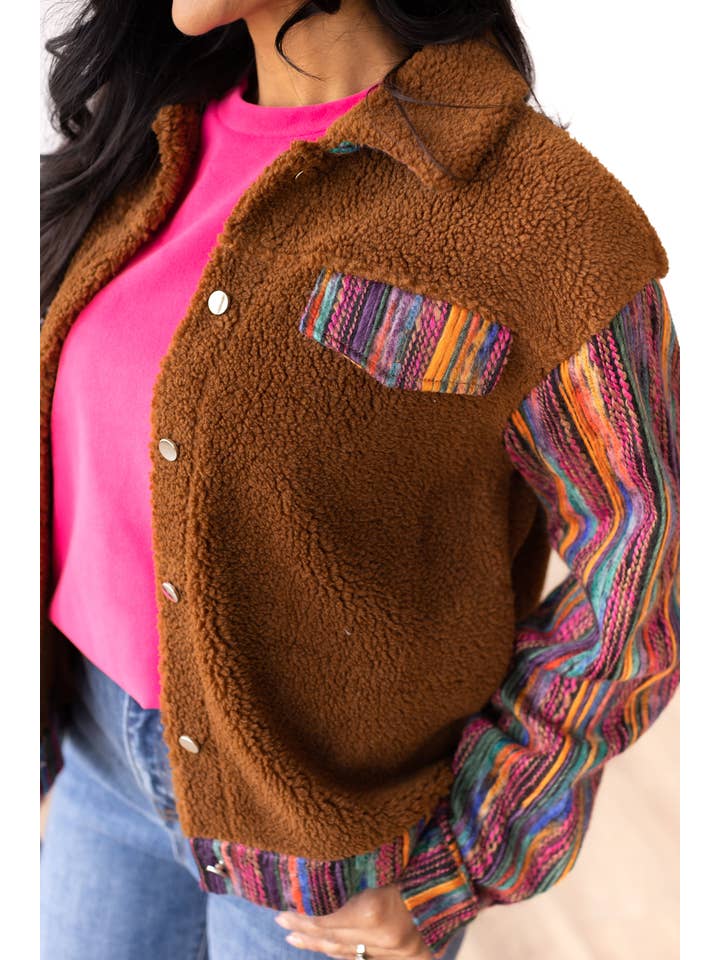 Brown Sherpa with Multi-Colored Sleeves-Layers-Ave Shops-[option4]-[option5]-[option6]-[option7]-[option8]-Shop-Boutique-Clothing-for-Women-Online