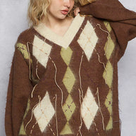 POL V-Neck Argyle Pattern Mohair Sweater with Contrast Exposed Stitch Detail-sweater-Trendsi-[option4]-[option5]-[option6]-[option7]-[option8]-Shop-Boutique-Clothing-for-Women-Online