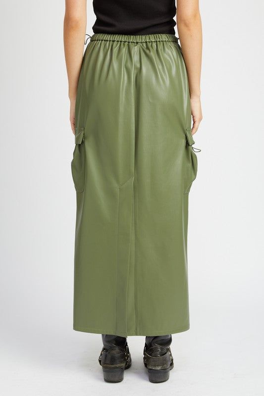 LEATHER CARGO MAXI SKIRT-Emory Park-OLIVE-S-[option4]-[option5]-[option6]-[option7]-[option8]-Shop-Boutique-Clothing-for-Women-Online
