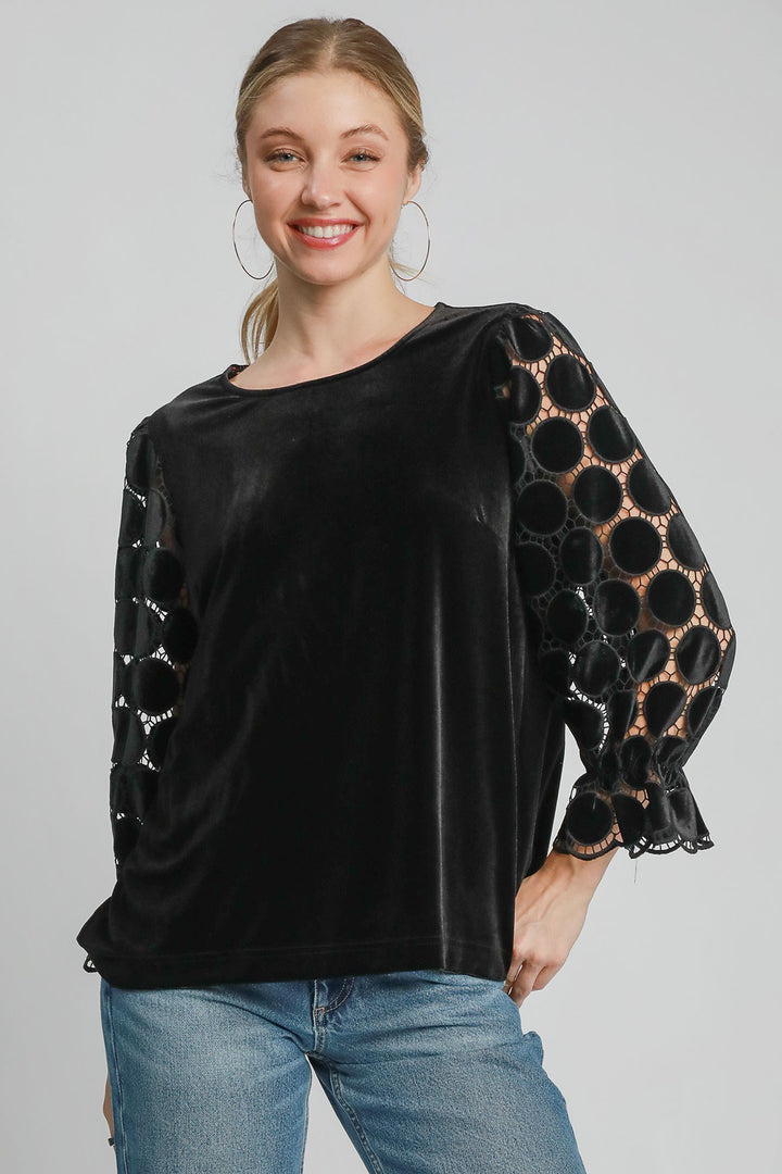 Umgee Polka Dot Lace Long Sleeve Round Neck Blouse-Trendsi-Black-S-[option4]-[option5]-[option6]-[option7]-[option8]-Shop-Boutique-Clothing-for-Women-Online