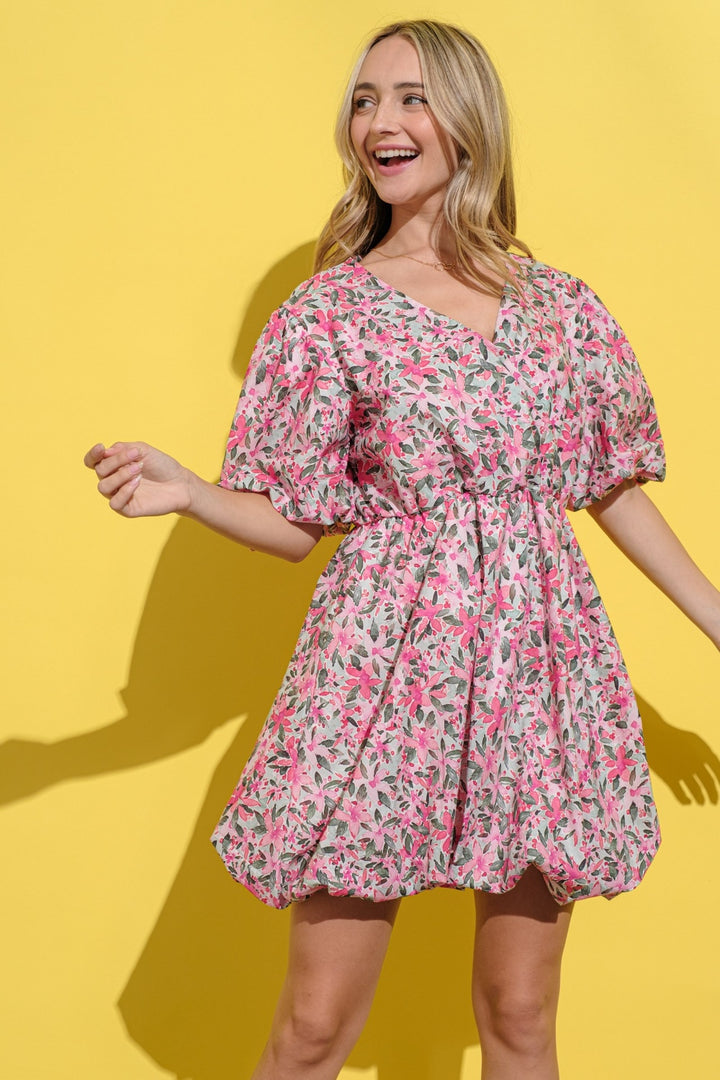 And The Why Floral Surplice Puff Sleeve Dress-Trendsi-Pink Multi-S-[option4]-[option5]-[option6]-[option7]-[option8]-Shop-Boutique-Clothing-for-Women-Online