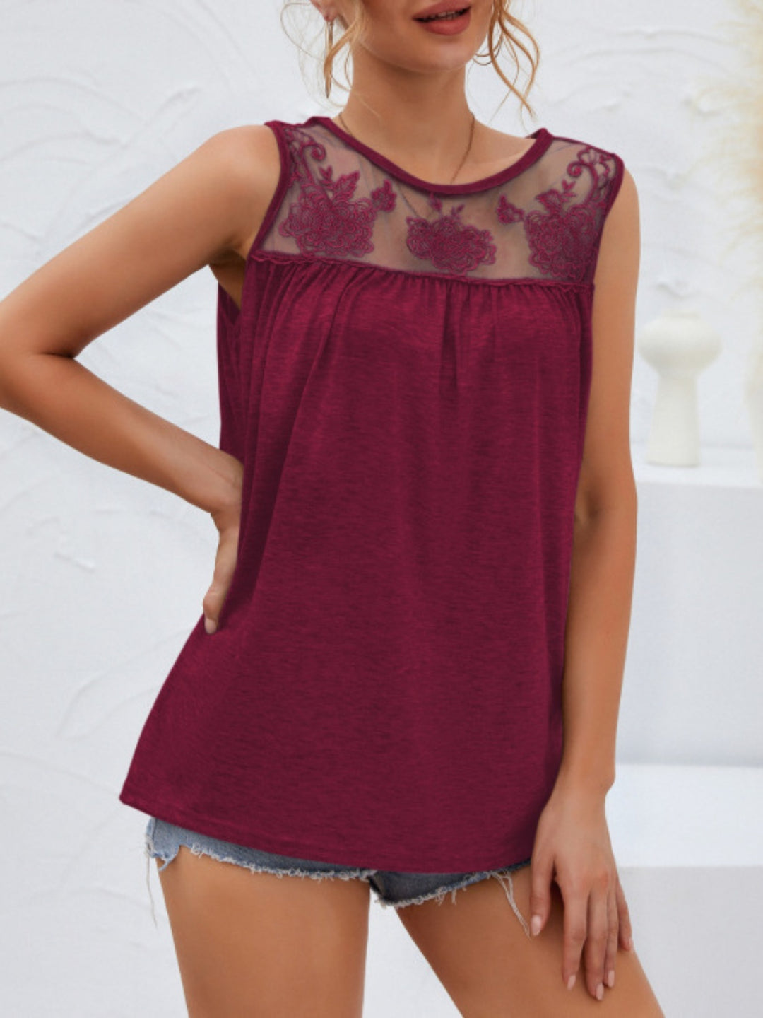 Lace Detail Round Neck Tank-Trendsi-Burgundy-S-[option4]-[option5]-[option6]-[option7]-[option8]-Shop-Boutique-Clothing-for-Women-Online