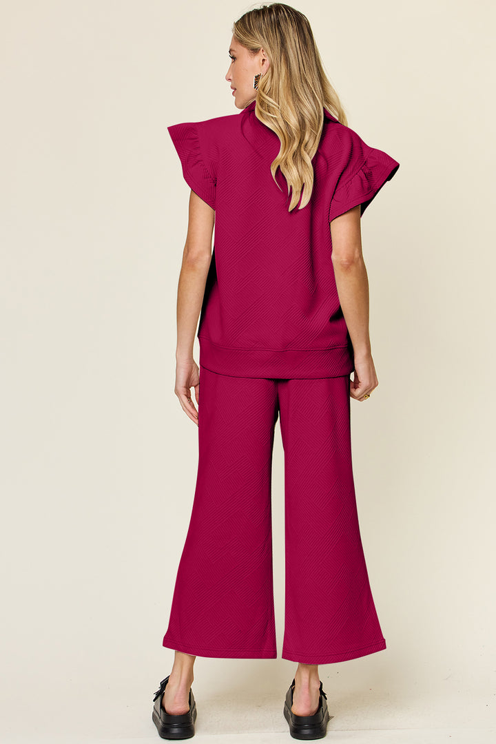 Double Take Texture Ruffle Short Sleeve Top and Drawstring Wide Leg Pants Set-Trendsi-[option4]-[option5]-[option6]-[option7]-[option8]-Shop-Boutique-Clothing-for-Women-Online