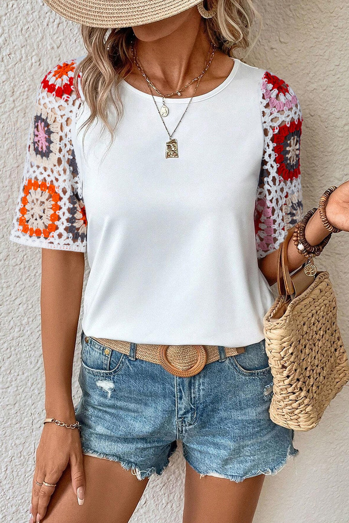 Crochet Sleeve Round Neck Short Sleeve Top-Trendsi-White-S-[option4]-[option5]-[option6]-[option7]-[option8]-Shop-Boutique-Clothing-for-Women-Online