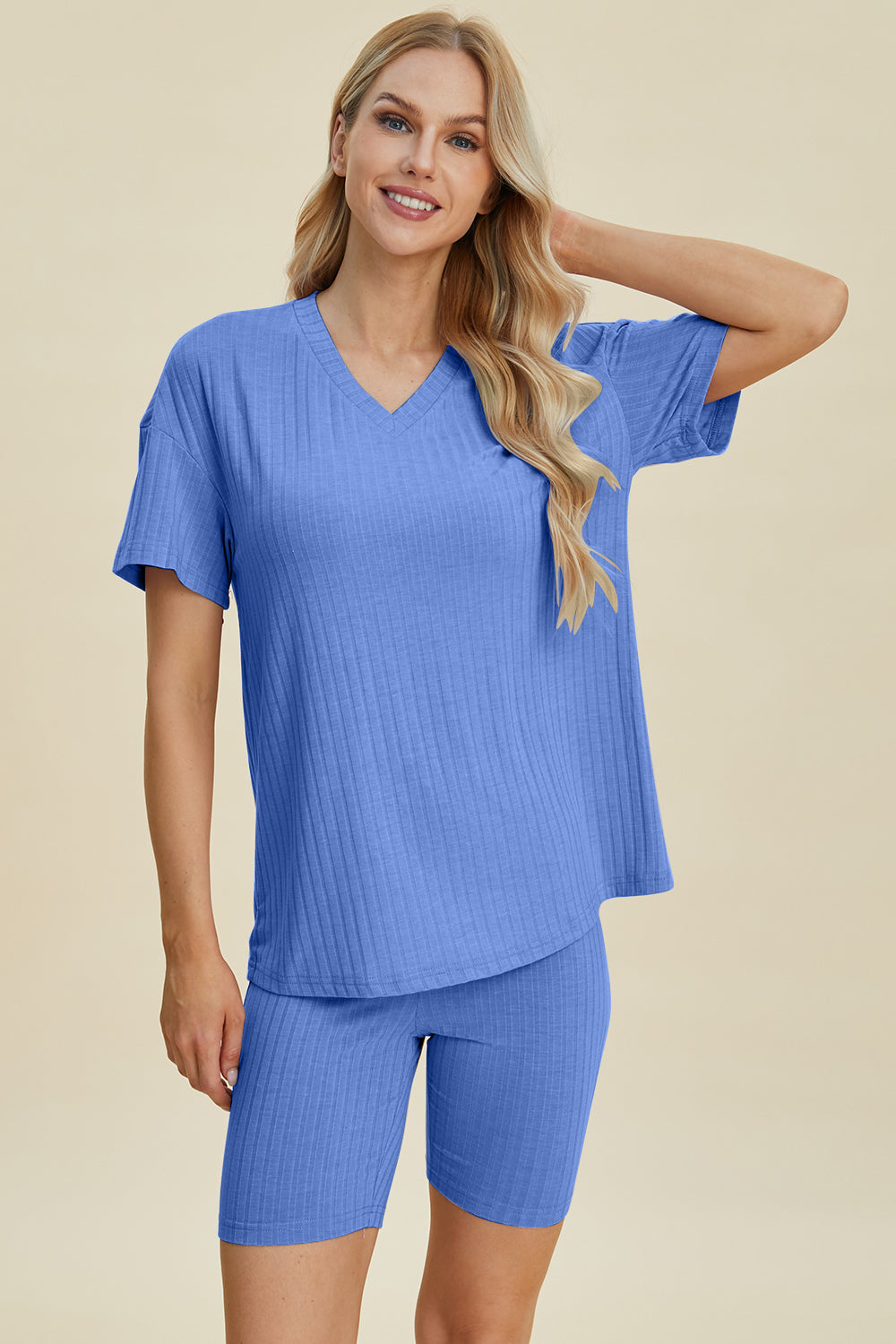 Basic Bae Ribbed V-Neck Short Sleeve Top and Shorts Set-Trendsi-[option4]-[option5]-[option6]-[option7]-[option8]-Shop-Boutique-Clothing-for-Women-Online