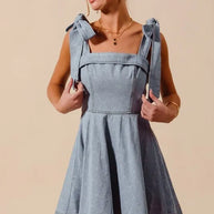 SO ME A Line Fit and Flare Diamond Bow Ribbon Denim Dres-Dresses-Trendsi-[option4]-[option5]-[option6]-[option7]-[option8]-Shop-Boutique-Clothing-for-Women-Online