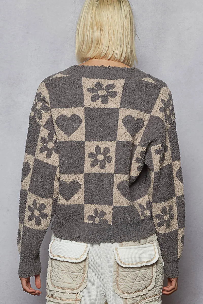 POL V-Neck Heart Pattern Checkered Sweater-Sweaters-Trendsi-[option4]-[option5]-[option6]-[option7]-[option8]-Shop-Boutique-Clothing-for-Women-Online